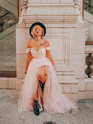 A-line Off-the-Shoulder Rhinestone Sweep Train Tulle Dress