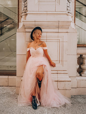 A-line Off-the-Shoulder Rhinestone Sweep Train Tulle Dress