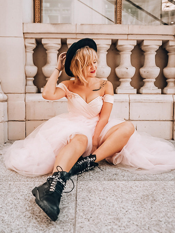 A-line Off-the-Shoulder Rhinestone Sweep Train Tulle Dress