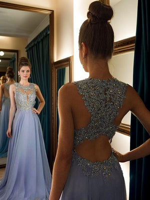 A-line Scoop Appliques Lace Sweep Train Chiffon Dress