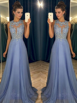 A-line Scoop Appliques Lace Sweep Train Chiffon Dress