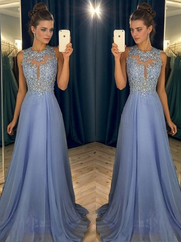 A-line Scoop Appliques Lace Sweep Train Chiffon Dress