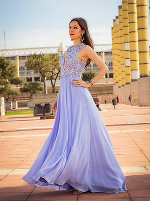 A-line Scoop Appliques Lace Sweep Train Chiffon Dress