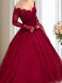 Ball-Gown V-neck Long Sleeves Appliques Lace Floor-Length Tulle Dress