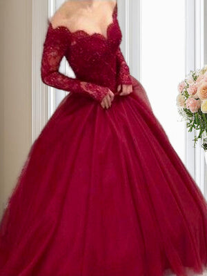 Ball-Gown V-neck Long Sleeves Appliques Lace Floor-Length Tulle Dress