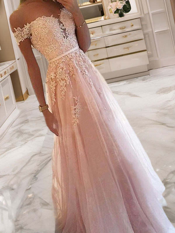 A-line One-Shoulder Long Sleeves Appliques Lace Sweep Train Tulle Dress