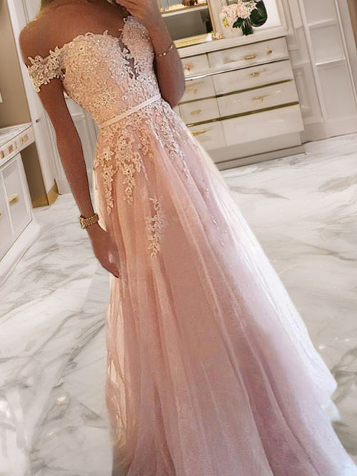 A-line One-Shoulder Long Sleeves Appliques Lace Sweep Train Tulle Dress