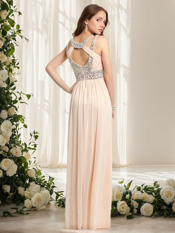 A-line Bateau Beading Floor-Length Chiffon Dress