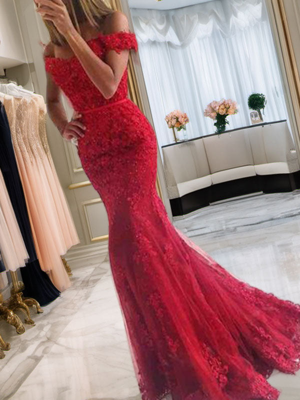 Mermaid Off-the-Shoulder Appliques Lace Sweep Train Tulle Dress