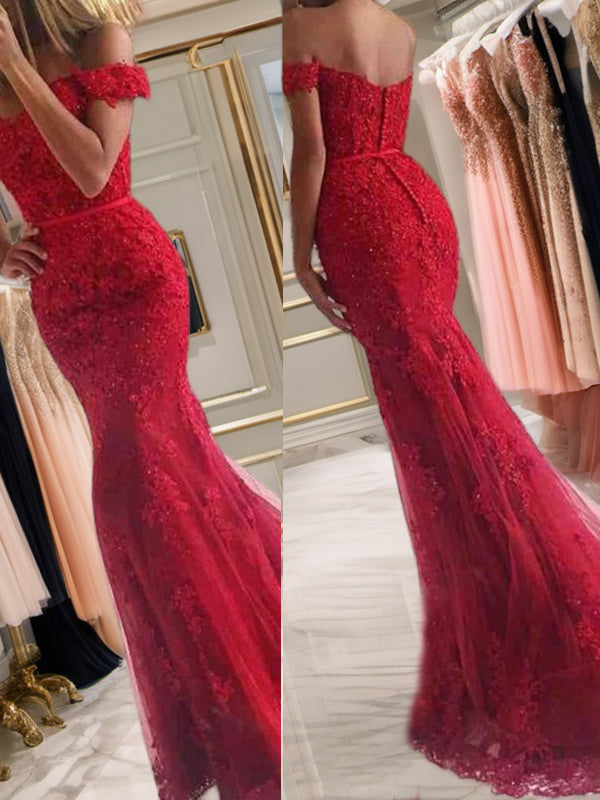 Mermaid Off-the-Shoulder Appliques Lace Sweep Train Tulle Dress