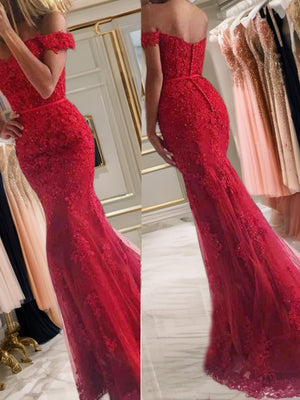 Mermaid Off-the-Shoulder Appliques Lace Sweep Train Tulle Dress