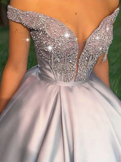 Ball-Gown Off-the-Shoulder Beading Floor-Length Satin Dress