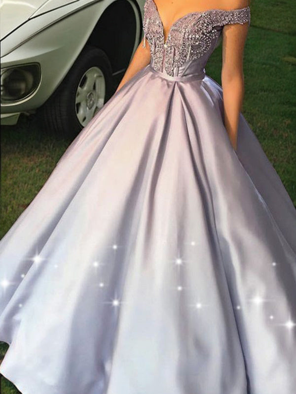 Ball-Gown Off-the-Shoulder Beading Floor-Length Satin Dress