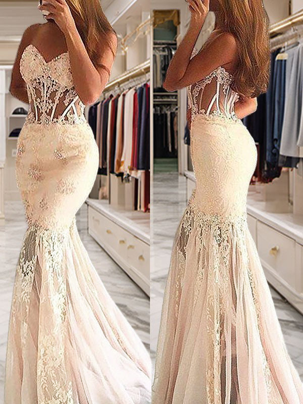 Mermaid Sweetheart Appliques Lace Sweep Train Tulle Dress