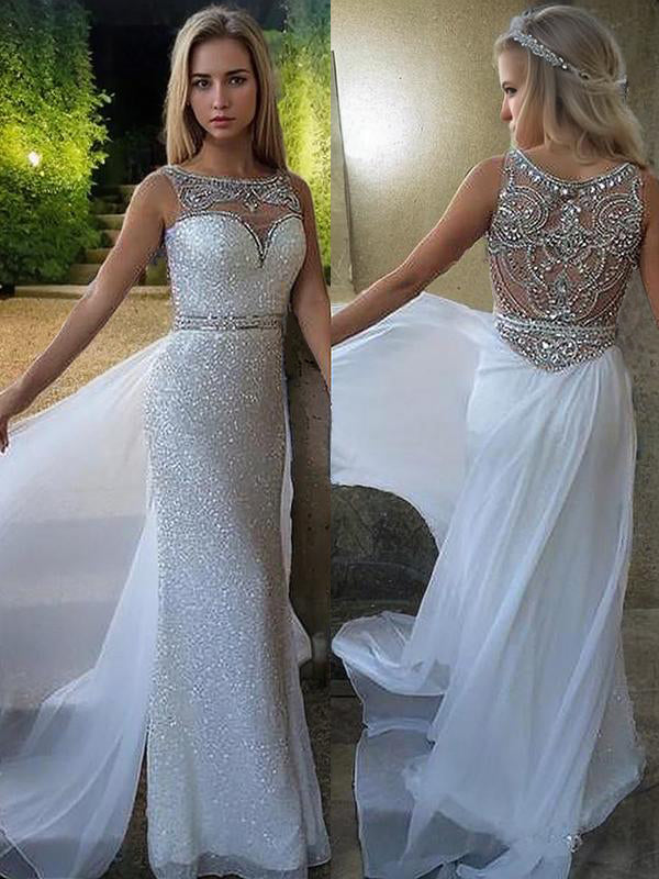A-line Bateau Beading Sweep Train Chiffon Dress
