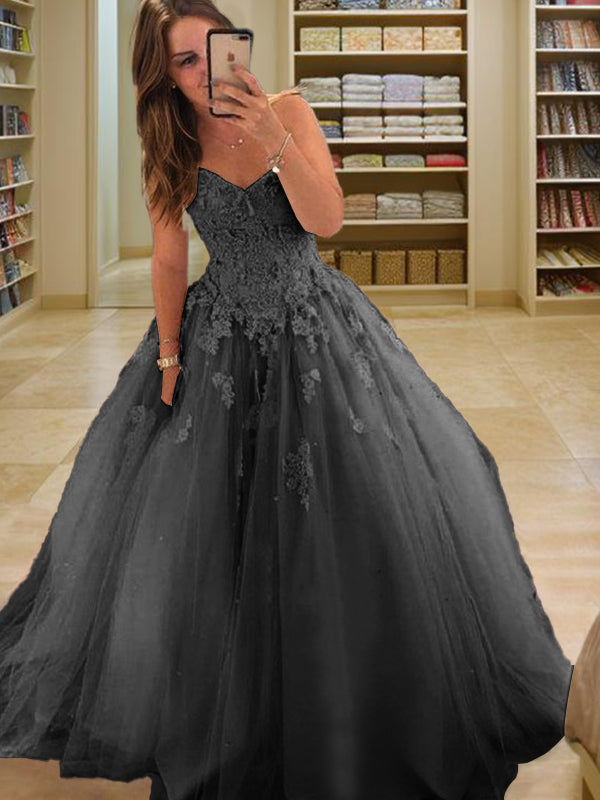 Ball-Gown Bateau Long Sleeves Appliques Lace Floor-Length Tulle Dress
