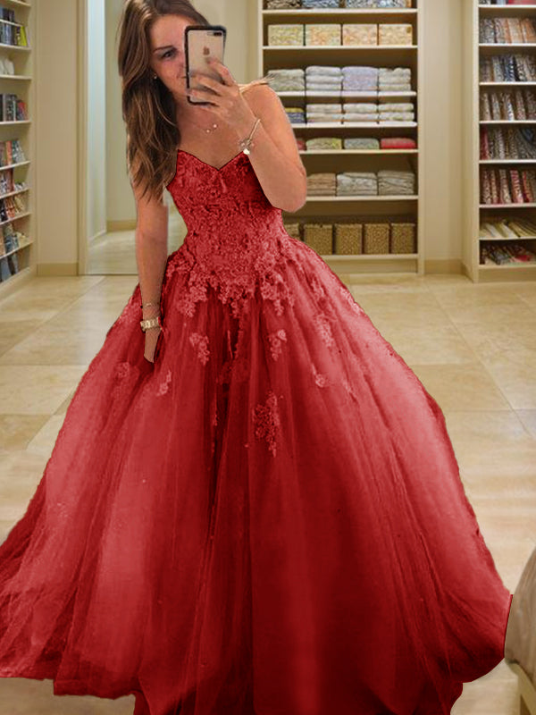 Ball-Gown Bateau Long Sleeves Appliques Lace Floor-Length Tulle Dress