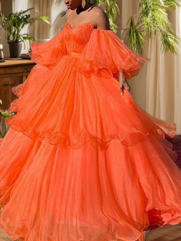 A-line Off-the-Shoulder Long Sleeves Cascading Ruffles Sweep Train Organza Dress