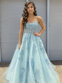 A-line Spaghetti Straps Appliques Lace Floor-Length Tulle Corset Dress