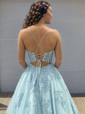 A-line Spaghetti Straps Appliques Lace Floor-Length Tulle Corset Dress