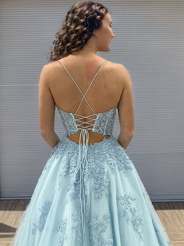 A-line Spaghetti Straps Appliques Lace Floor-Length Tulle Corset Dress