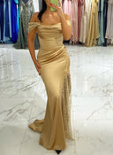 Sheath Off-the-Shoulder Pleated Sweep Train Silk like Satin Dress