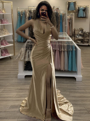 Sheath Halter Pleated Sweep Train Silk Like Satin Dress