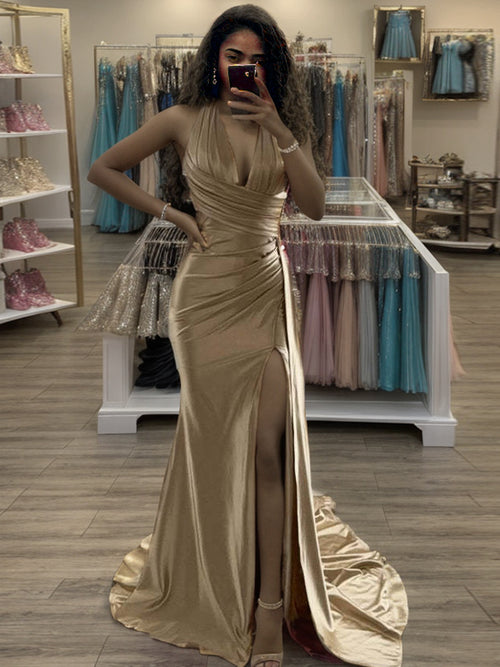 Sheath Halter Pleated Sweep Train Silk Like Satin Dress