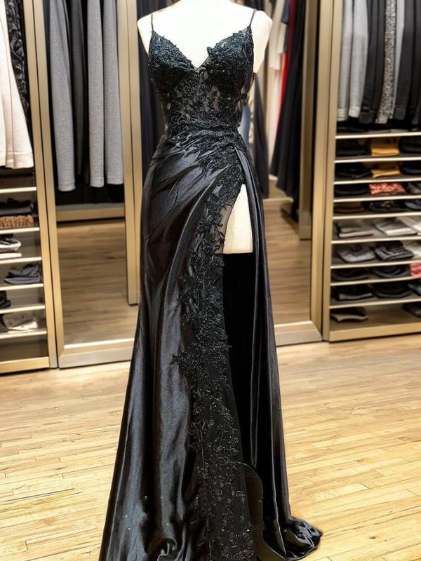 Sheath V-neck Appliques Lace Sweep Train Silk like Satin Dress