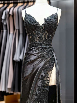 Sheath V-neck Appliques Lace Sweep Train Silk like Satin Dress