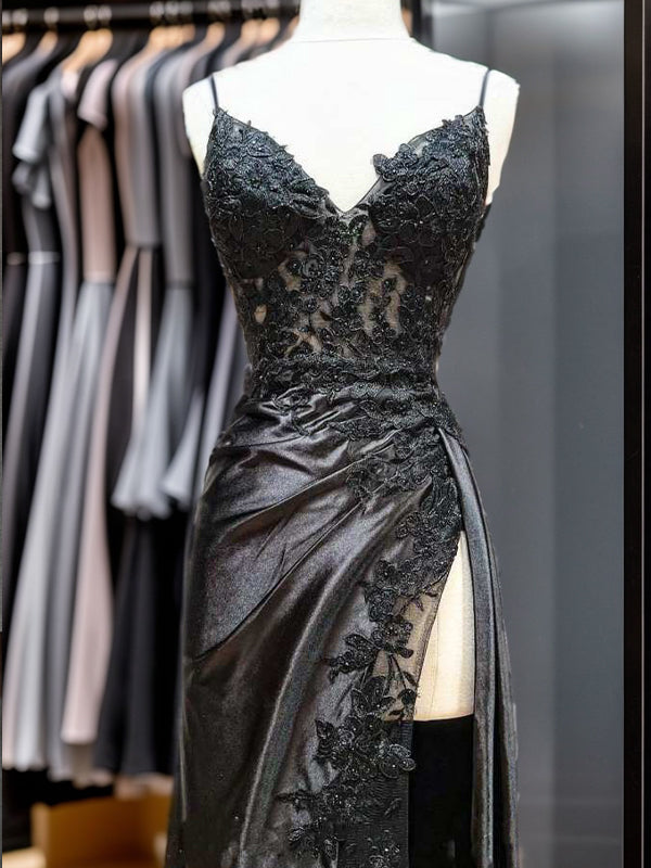 Sheath V-neck Appliques Lace Sweep Train Silk like Satin Dress