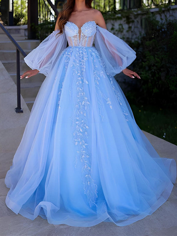 Ball Gown Sweetheart Long Sleeves Appliques Lace Sweep Train Tulle Corset Dress