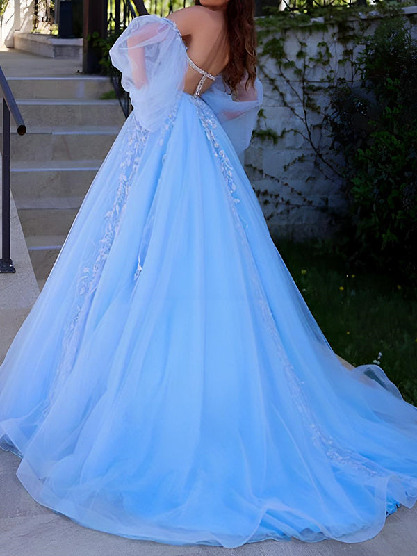 Ball Gown Sweetheart Long Sleeves Appliques Lace Sweep Train Tulle Corset Dress