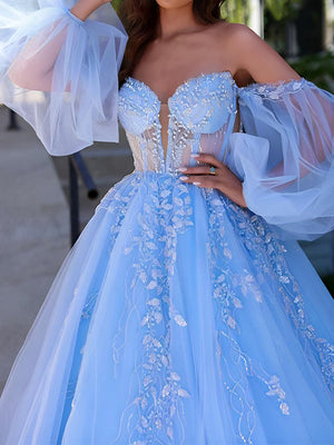 Ball Gown Sweetheart Long Sleeves Appliques Lace Sweep Train Tulle Corset Dress