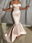 Mermaid Cold Shoulder Pleated Sweep Train Satin Dress