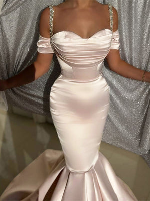 Mermaid Cold Shoulder Pleated Sweep Train Satin Dress
