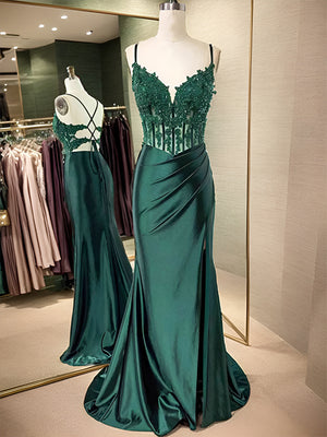 Sheath Spaghetti Straps Appliques Lace Sweep Train Silk Like Satin Corset Dress