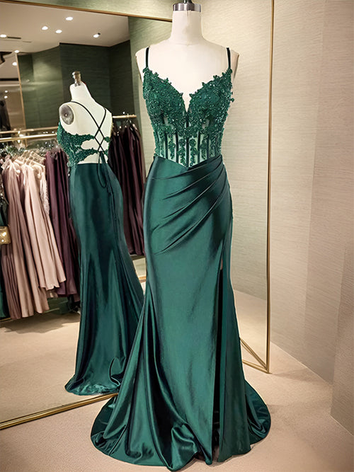 Sheath Spaghetti Straps Appliques Lace Sweep Train Silk Like Satin Corset Dress