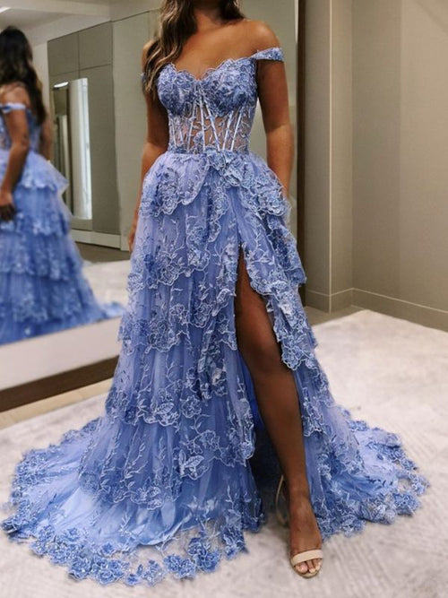 A-line Off-the-Shoulder Appliques Lace Sweep Train Tulle Corset Dress