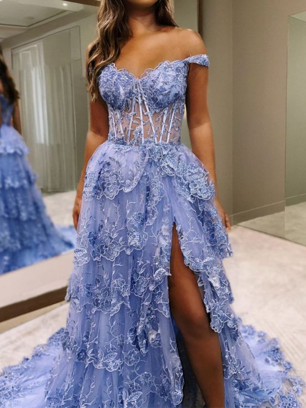 A-line Off-the-Shoulder Appliques Lace Sweep Train Tulle Corset Dress