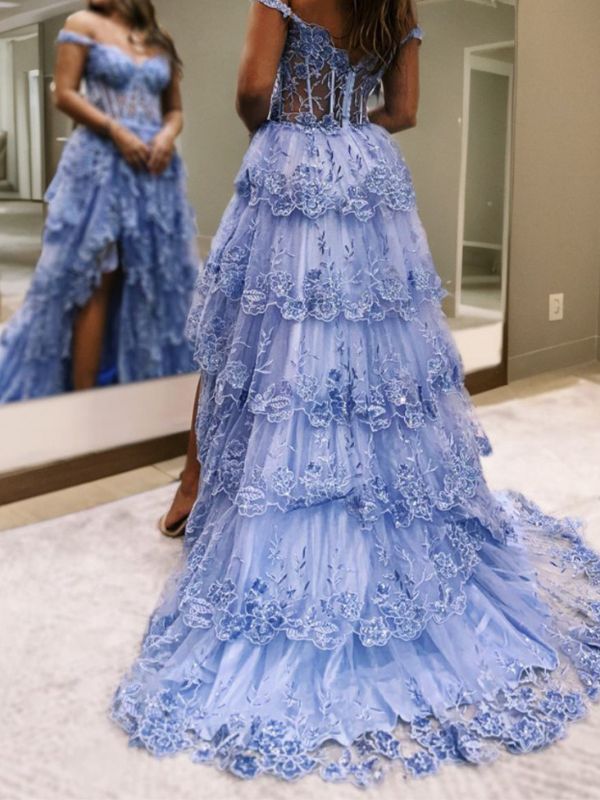 A-line Off-the-Shoulder Appliques Lace Sweep Train Tulle Corset Dress