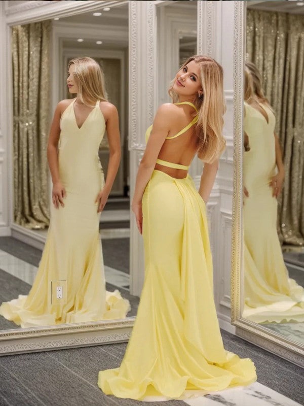 Sheath V-neck Sweep Train Jersey Dress