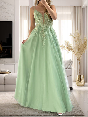 A-line V-neck Appliques Lace Floor-Length Tulle Dress