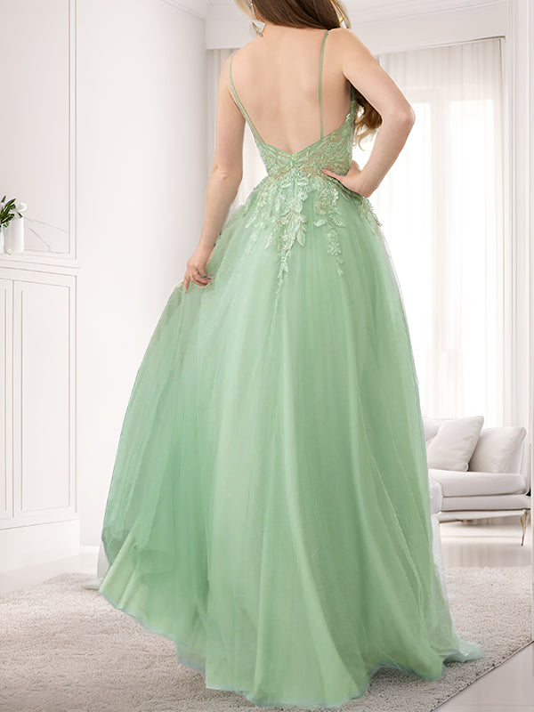 A-line V-neck Appliques Lace Floor-Length Tulle Dress