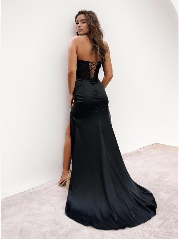 Sheath Sweetheart Pleated Sweep Train Silk like Satin Corset Dress