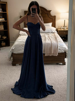 A-line Spaghetti Straps Ruffles Sweep Train Silk Like Satin Corset Dress