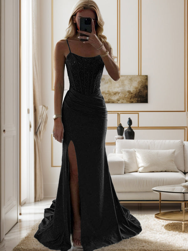 Sheath Spaghetti Straps Pleated Sweep Train Silk Like Satin Corset Dress