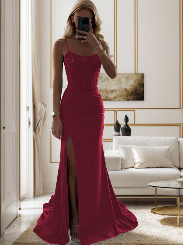 Sheath Spaghetti Straps Pleated Sweep Train Silk Like Satin Corset Dress