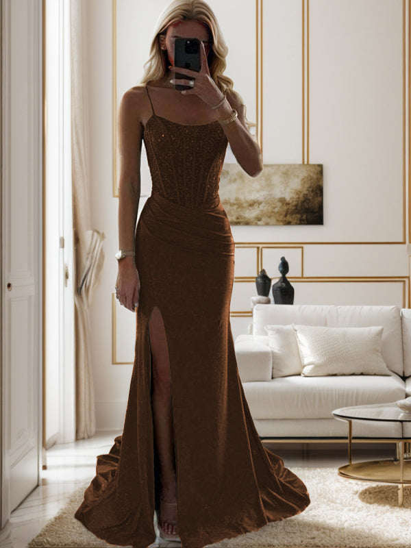 Sheath Spaghetti Straps Pleated Sweep Train Silk Like Satin Corset Dress