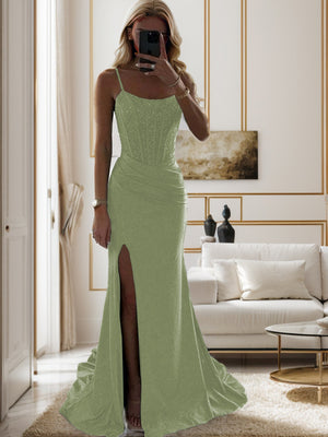 Sheath Spaghetti Straps Pleated Sweep Train Silk Like Satin Corset Dress